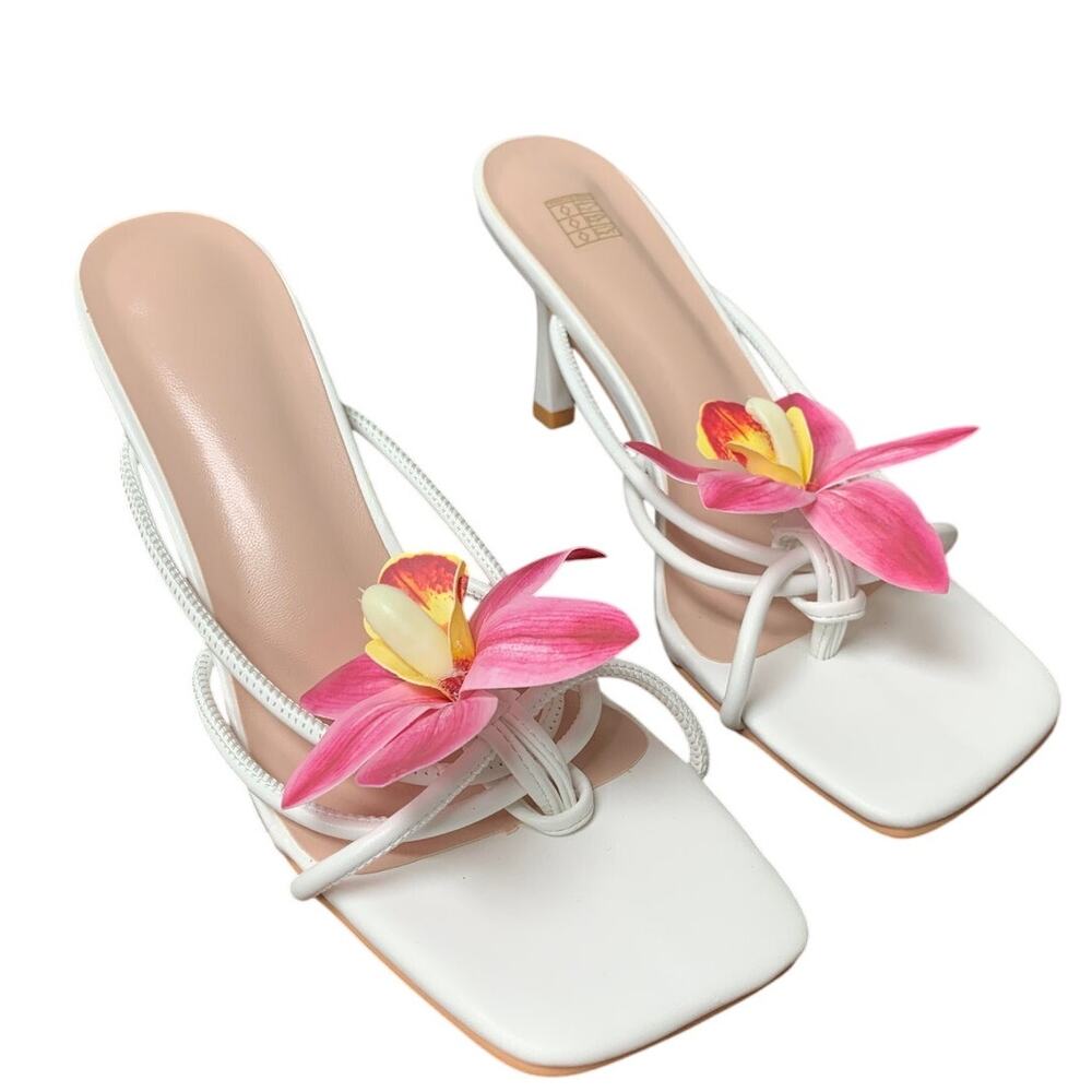 New Womens Size 9 White Pink Flower Slide On 4" Heel Open Toe Thong Sandal Shoes